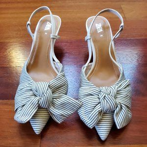 Zara Striped Bow Pointed Slingback Heels in White and Black